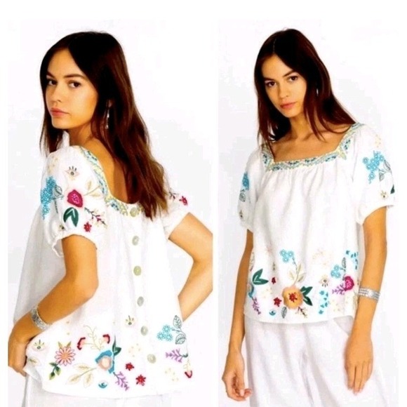 Johnny Was Tops - Johnny Was Martine Wander White Linen Top Boho Embroidered Women's size Large